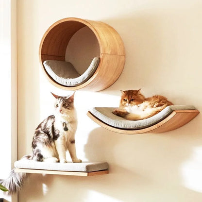 Arbre à chat mural en bois avec étagères, griffoir en sisal et hamac – aire de jeu d’intérieur pour chat