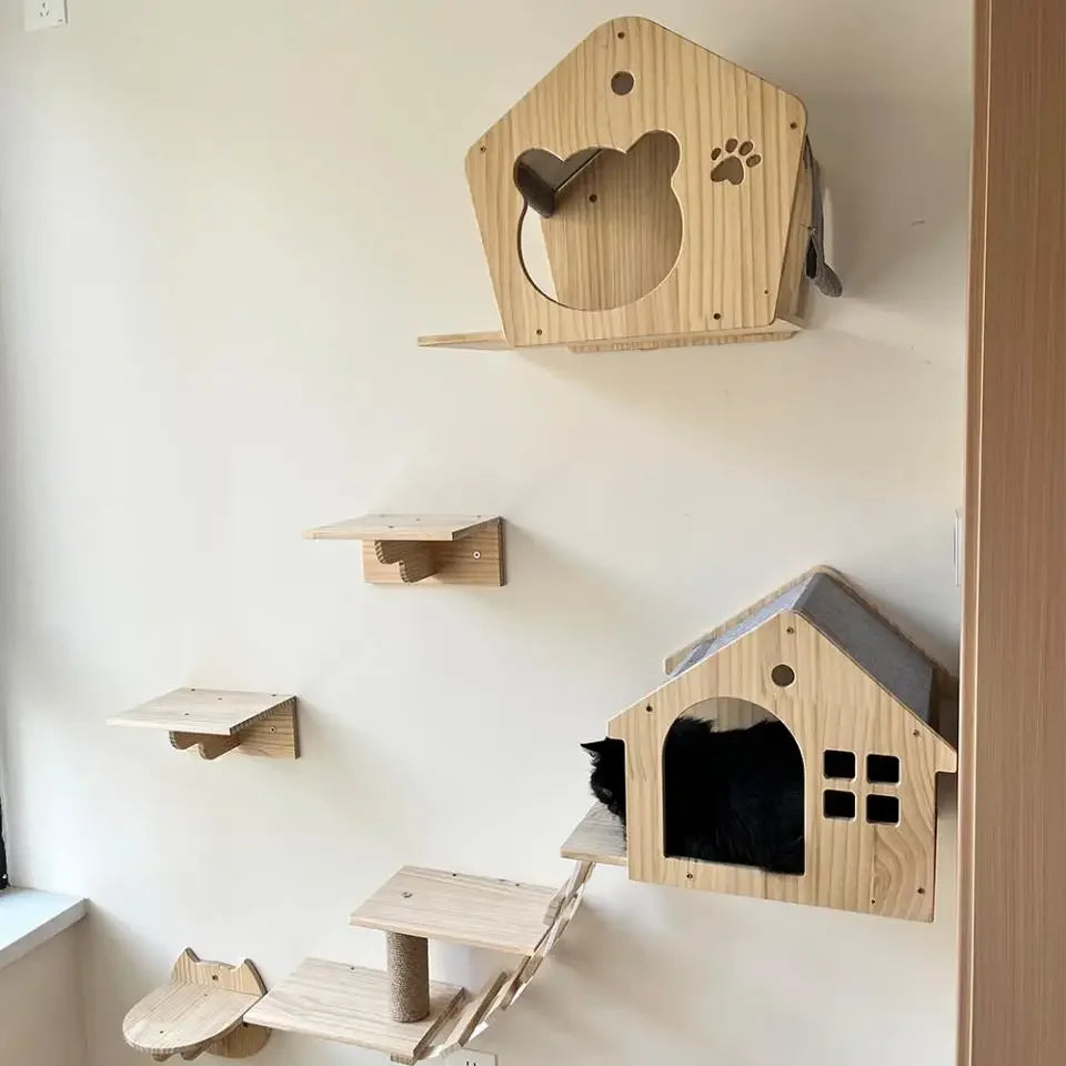 Arbre à chat mural en bois avec étagères, griffoir en sisal et hamac – aire de jeu d’intérieur pour chat