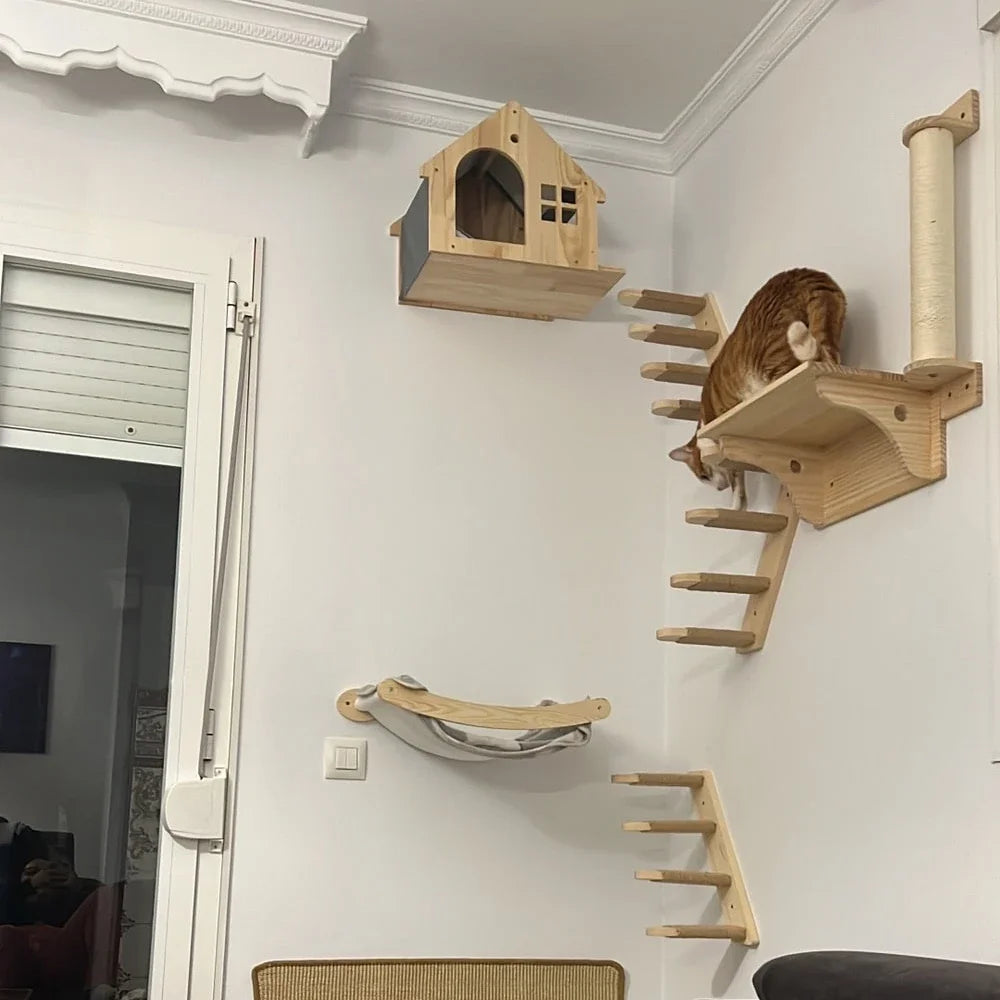 Arbre à chat mural en bois avec étagères, griffoir en sisal et hamac – aire de jeu d’intérieur pour chat