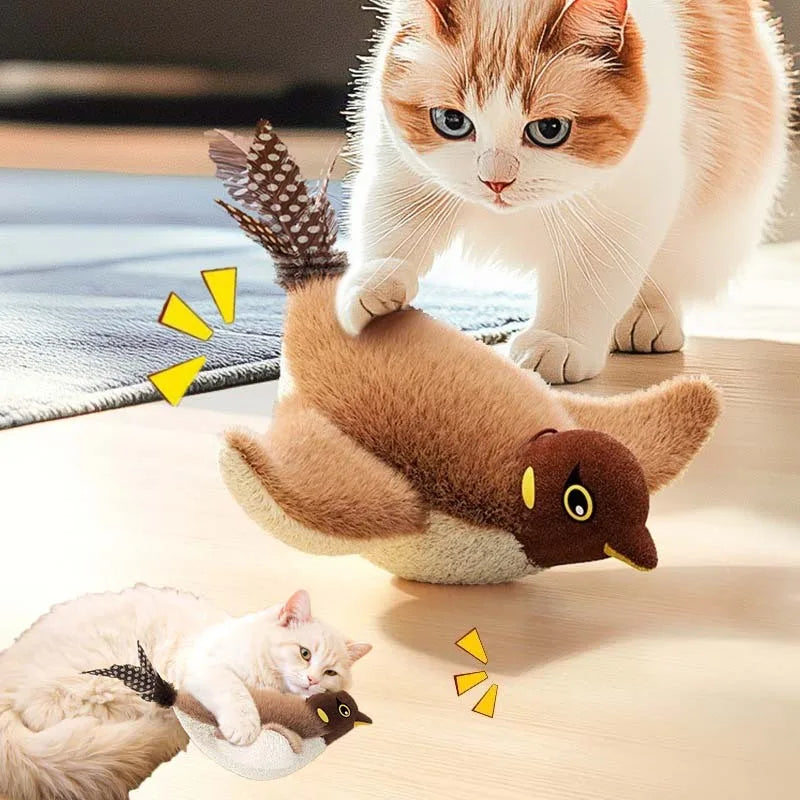 Jouet électrique interactif pour chat et petit chien – oiseau en peluche avec plumes, sons et recharge USB