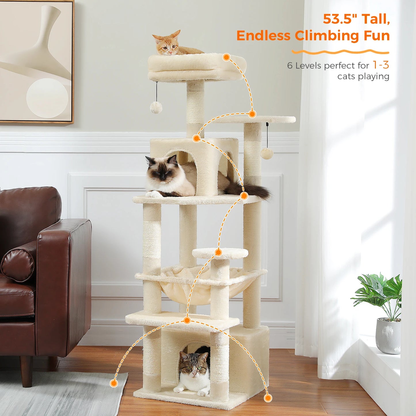 Grand arbre à chat intérieur avec griffoirs en sisal, hamac et niches – structure multi-niveaux pour chats