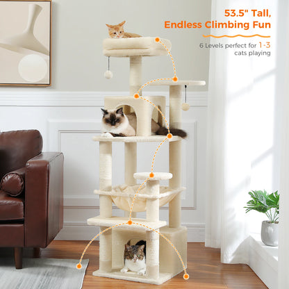 Grand arbre à chat intérieur avec griffoirs en sisal, hamac et niches – structure multi-niveaux pour chats