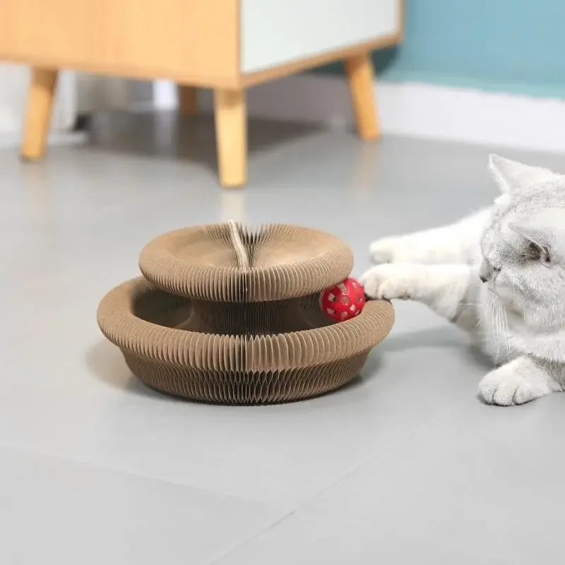 Grattoir pour chat en carton pliable avec balle interactive et structure accordéon