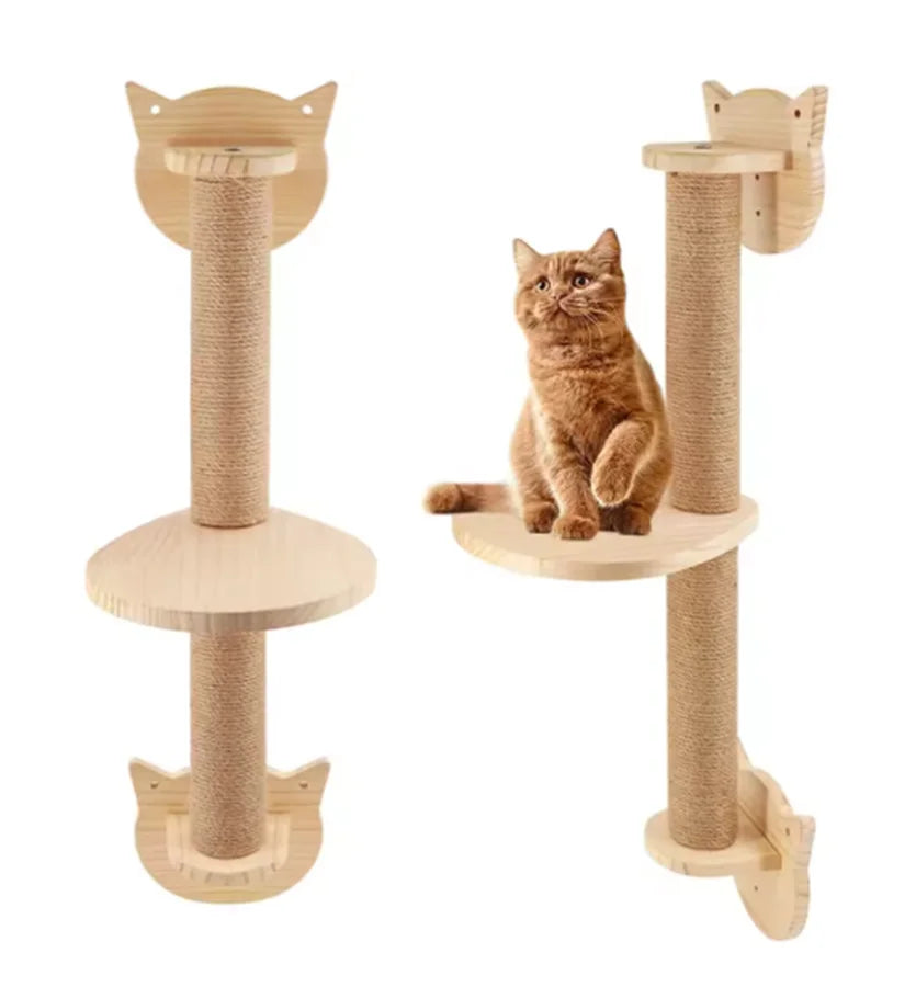 Arbre à chat mural en bois avec étagères, griffoir en sisal et hamac – aire de jeu d’intérieur pour chat