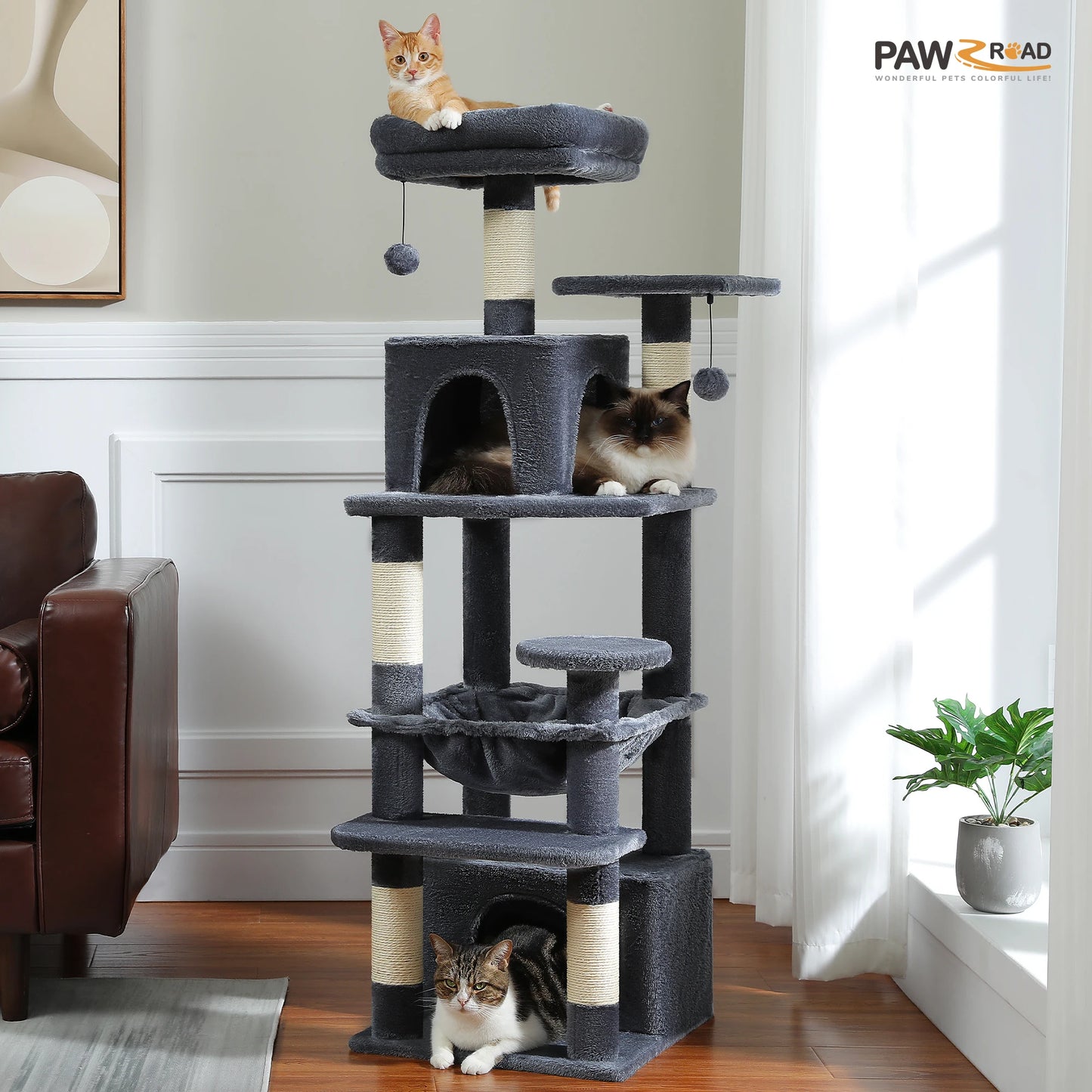 Grand arbre à chat intérieur avec griffoirs en sisal, hamac et niches – structure multi-niveaux pour chats