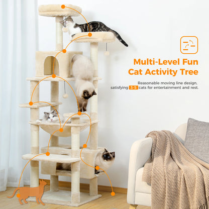 Grand arbre à chat intérieur avec griffoirs en sisal, hamac et niches – structure multi-niveaux pour chats