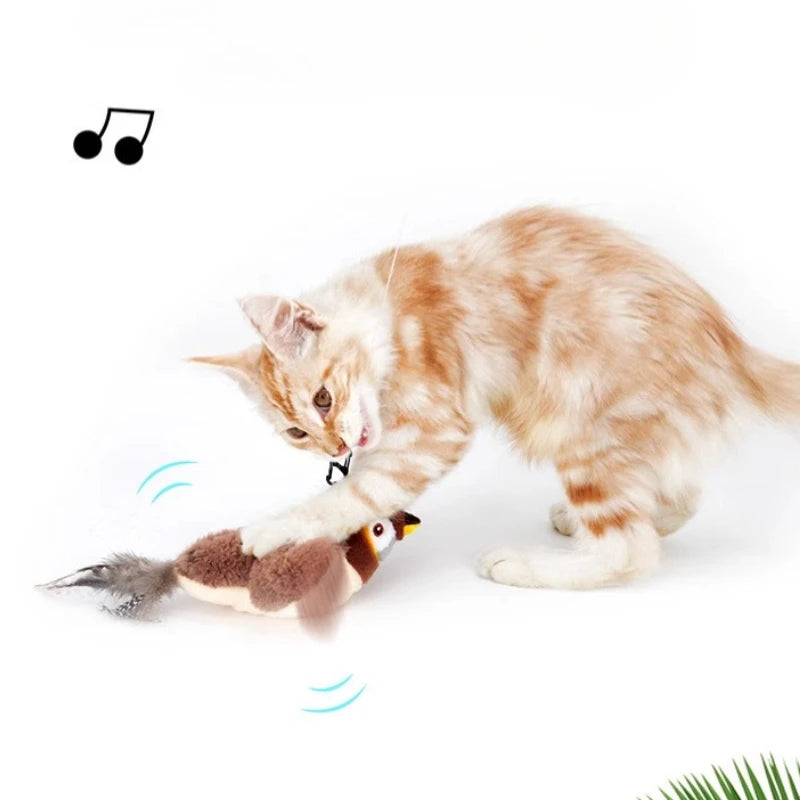 Jouet électrique interactif pour chat et petit chien – oiseau en peluche avec plumes, sons et recharge USB