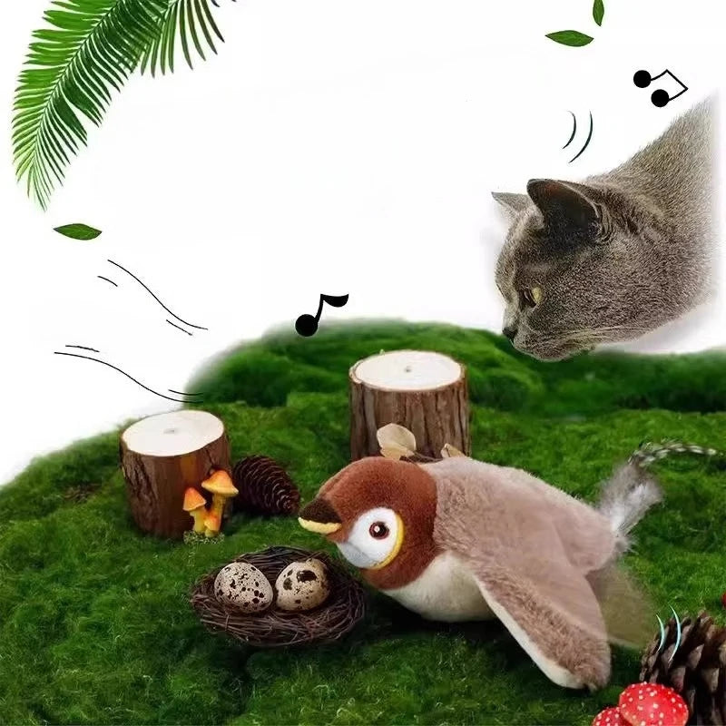 Jouet électrique interactif pour chat et petit chien – oiseau en peluche avec plumes, sons et recharge USB