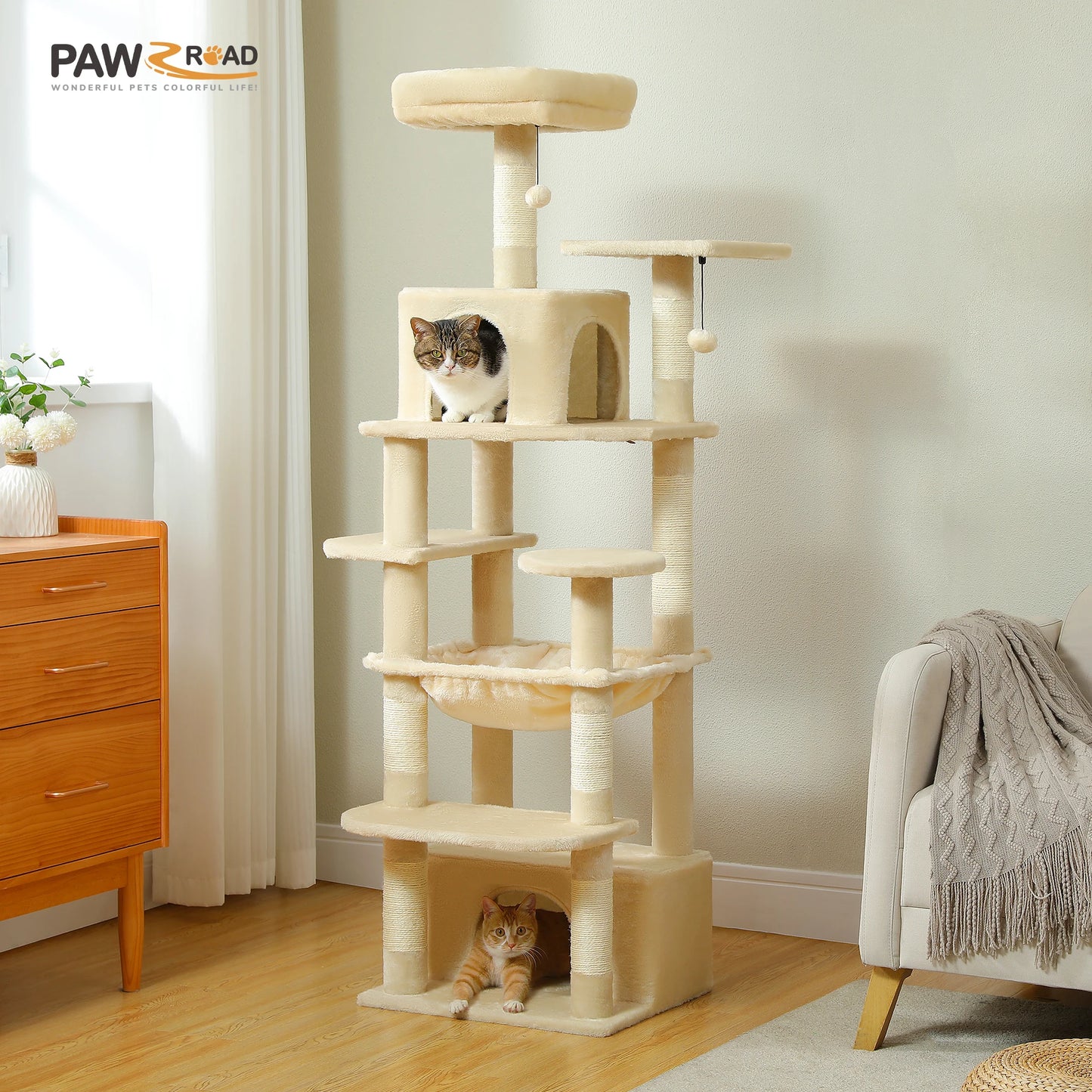 Grand arbre à chat intérieur avec griffoirs en sisal, hamac et niches – structure multi-niveaux pour chats