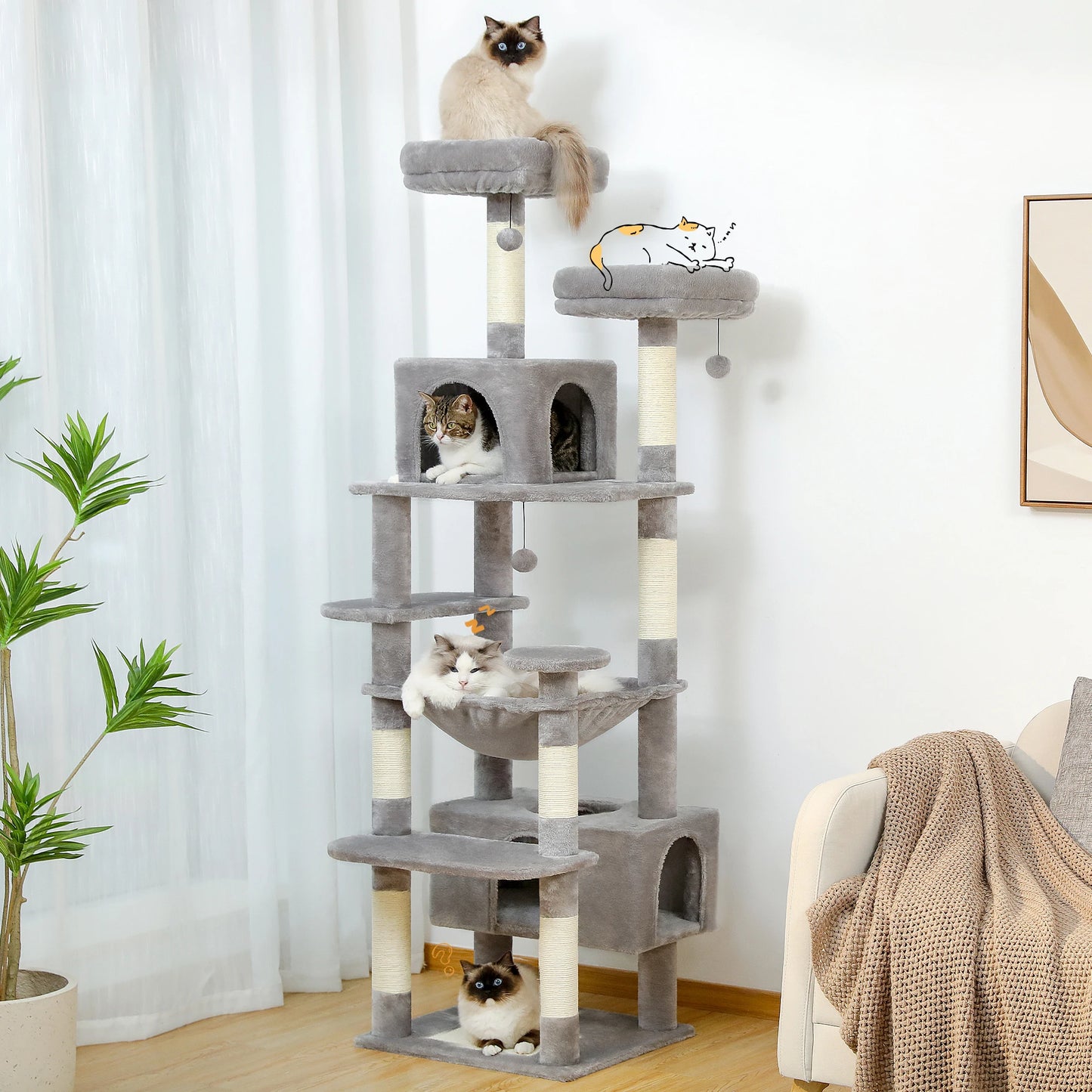 Grand arbre à chat intérieur avec griffoirs en sisal, hamac et niches – structure multi-niveaux pour chats