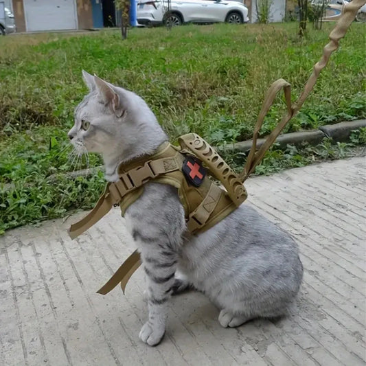 Khaki tactical cat chest harness vest lead rope anti-break adjustable walking cat leash dog small dog chain