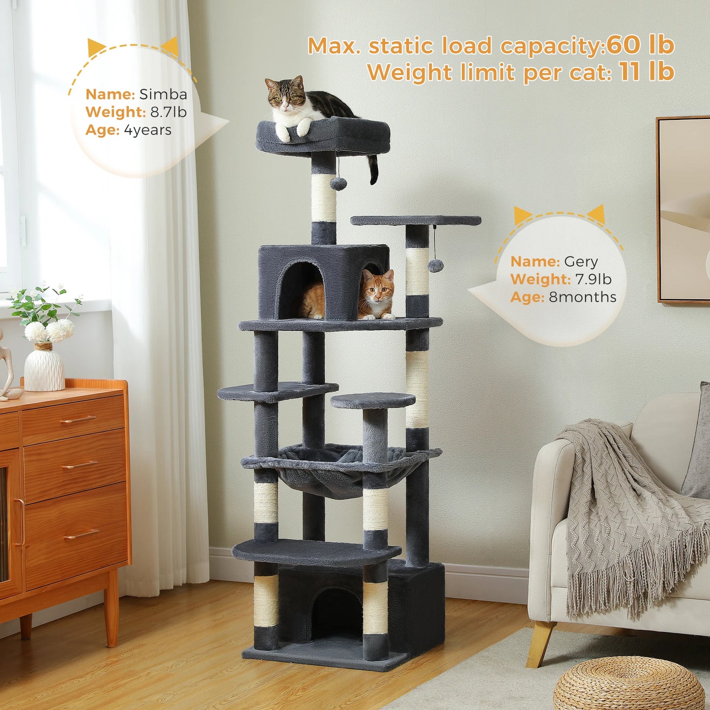 Grand arbre à chat intérieur avec griffoirs en sisal, hamac et niches – structure multi-niveaux pour chats