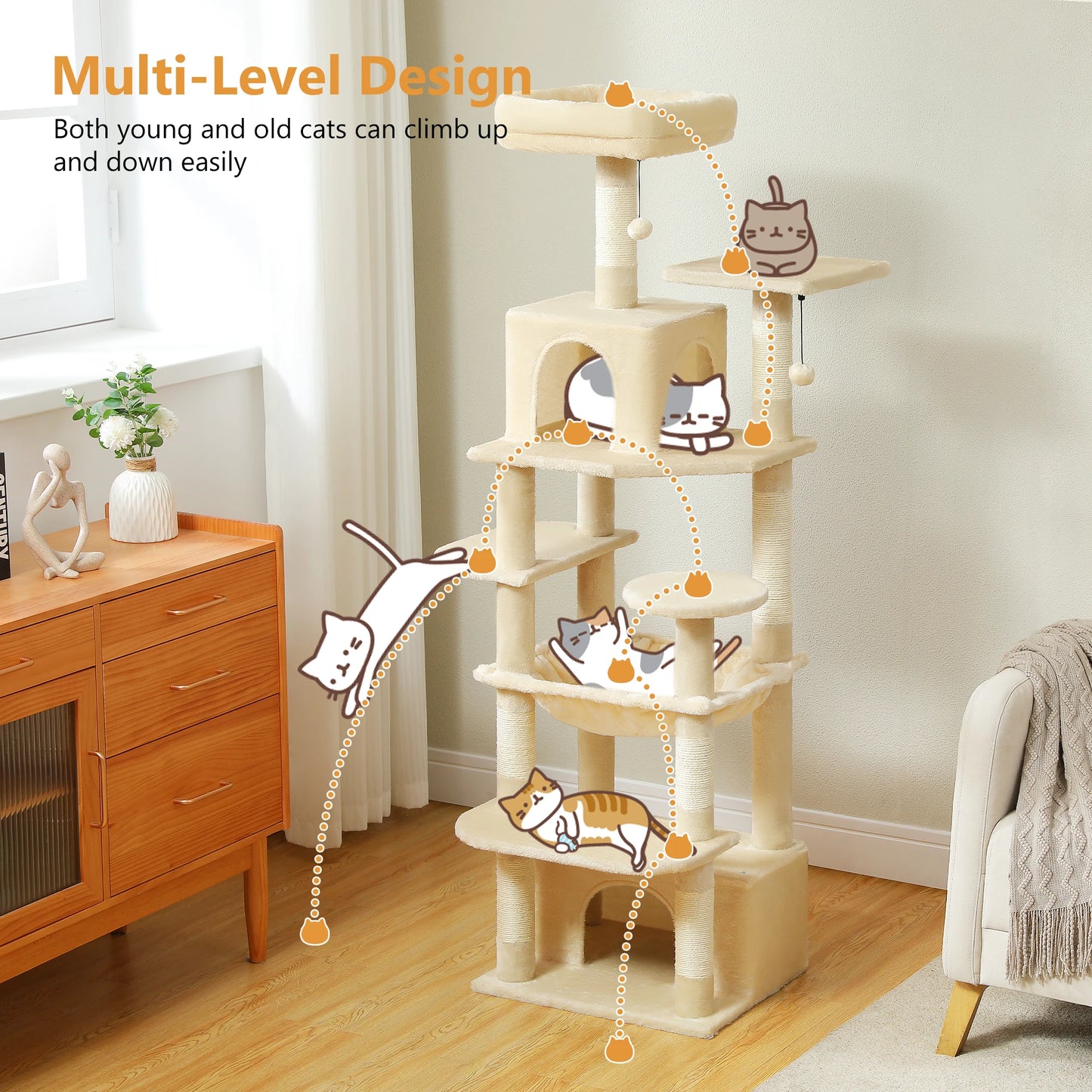 Grand arbre à chat intérieur avec griffoirs en sisal, hamac et niches – structure multi-niveaux pour chats