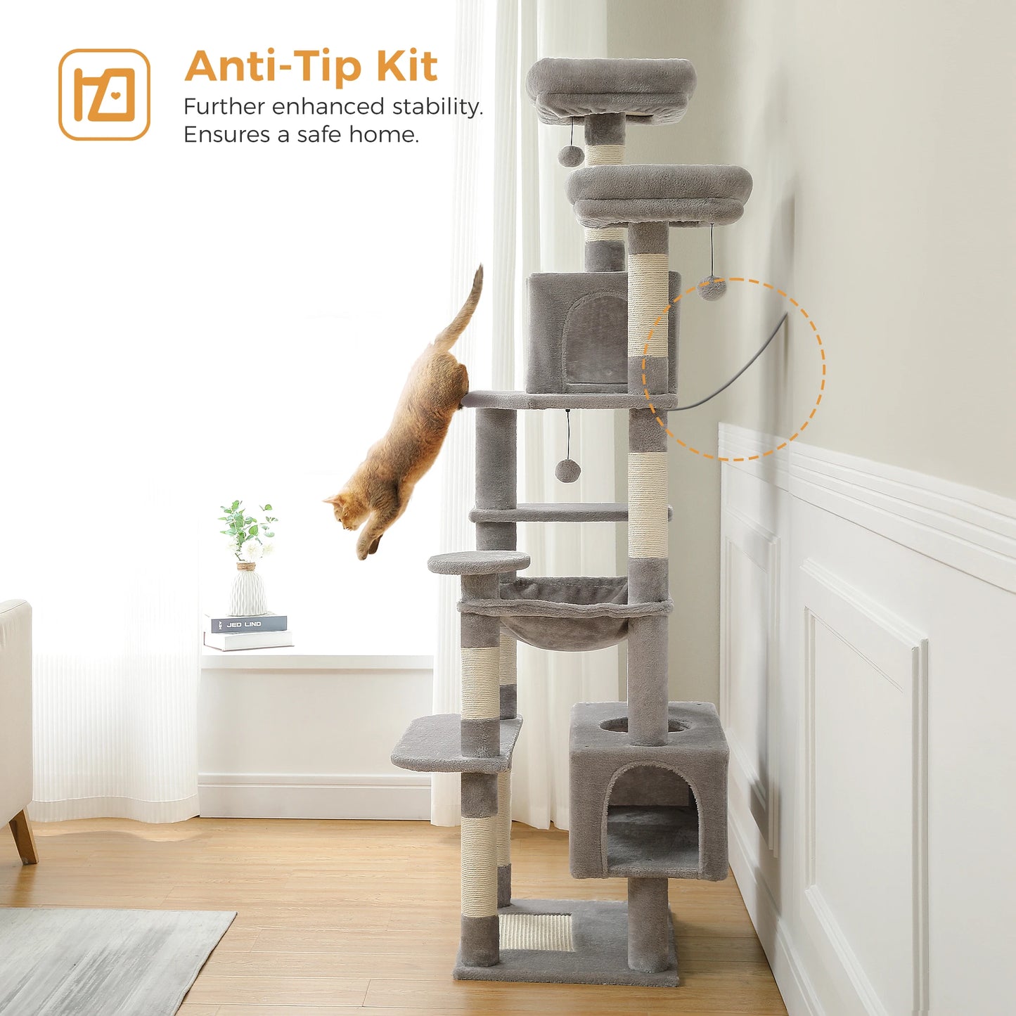 Grand arbre à chat intérieur avec griffoirs en sisal, hamac et niches – structure multi-niveaux pour chats