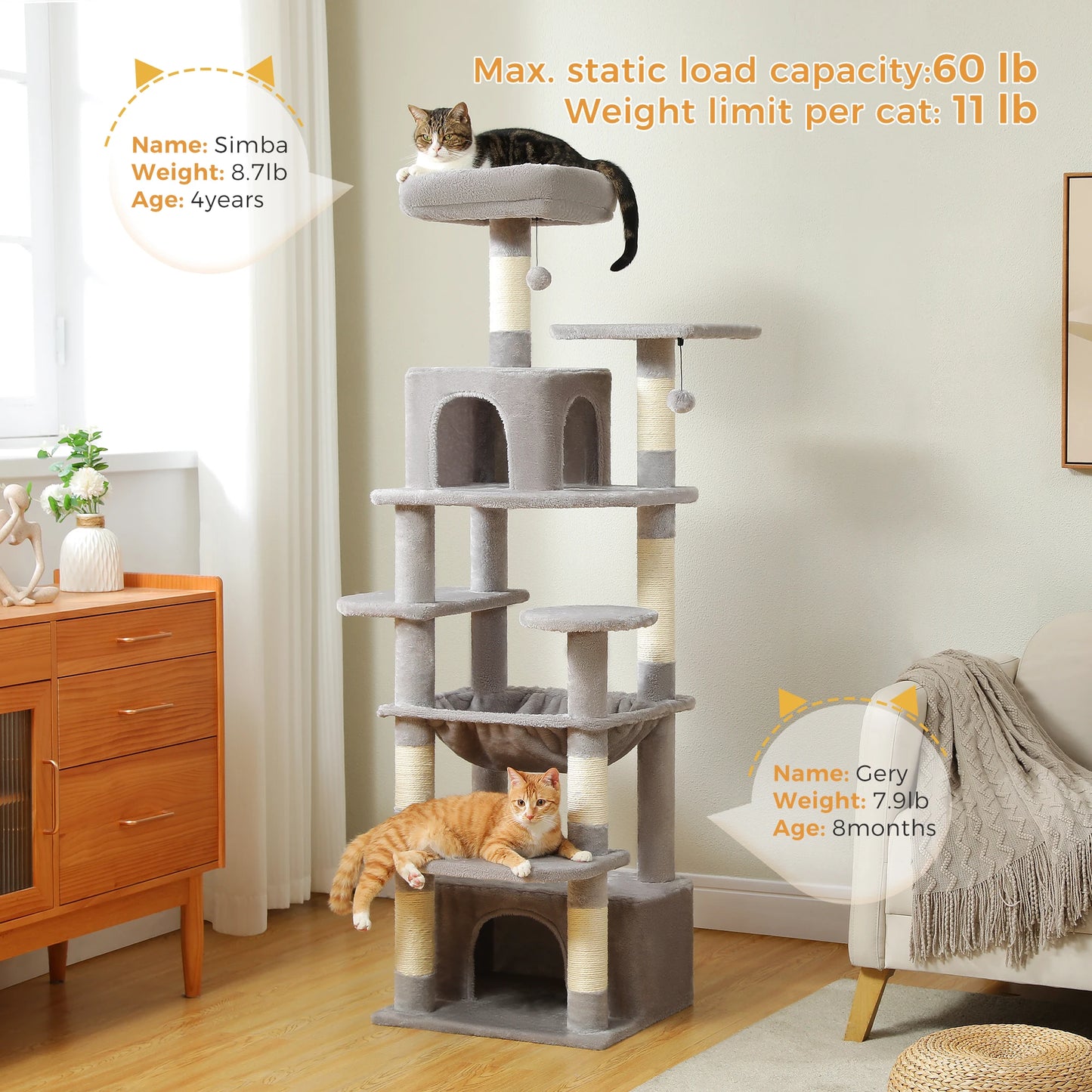 Grand arbre à chat intérieur avec griffoirs en sisal, hamac et niches – structure multi-niveaux pour chats