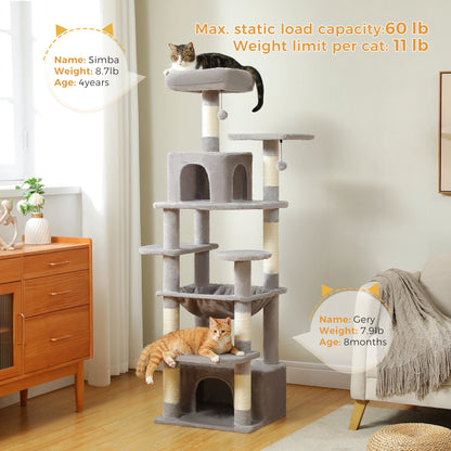Grand arbre à chat intérieur avec griffoirs en sisal, hamac et niches – structure multi-niveaux pour chats