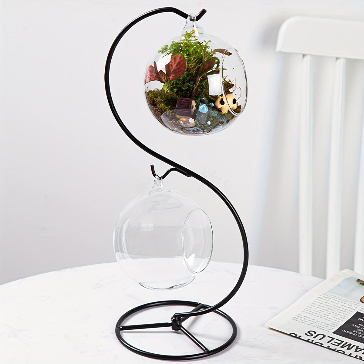 Aquarium suspendu de table avec support en métal – mini aquarium en verre avec deux récipients ronds