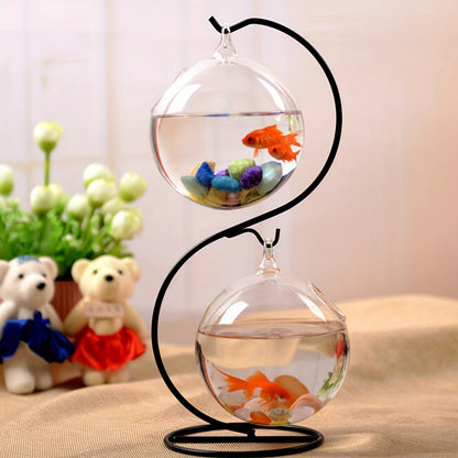 Aquarium suspendu de table avec support en métal – mini aquarium en verre avec deux récipients ronds