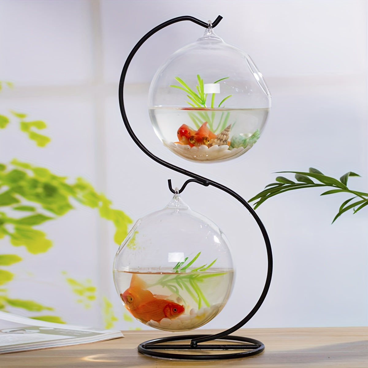 Aquarium suspendu de table avec support en métal – mini aquarium en verre avec deux récipients ronds